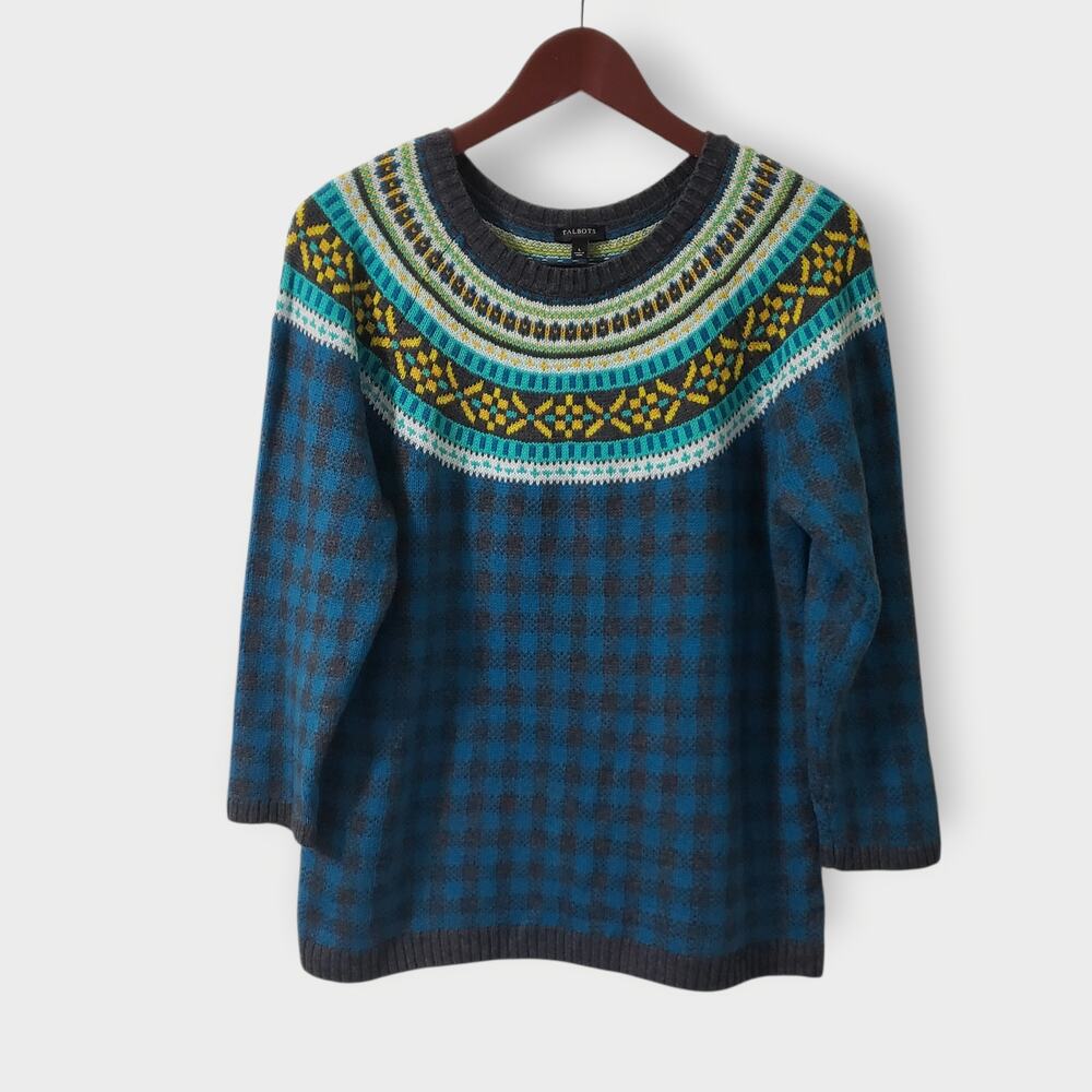 Talbots Fair Isle Gingham Plaid Wool Blend Sweater Blue Sz Lg Nordic Colorful